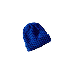 Blue knitted winter mittens made from thick yarn wearing knitted cap isolated on transparent and white background.