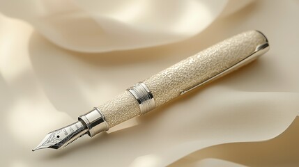 Fototapeta premium Elegant Fountain Pen on Soft Cream Fabric Background Close-Up