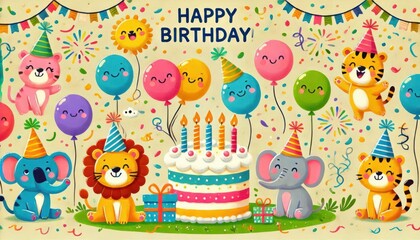 Naklejka premium happy birthday card with balloons content created with generative AI software.