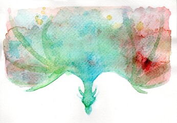 Silhouette of a flying dragon in the form of colorful water spots, light sketch made with watercolor paints, hand illustration, 