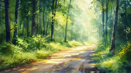 Obraz premium Serene forest path with dappled sunlight, peaceful and inviting, watercolor tranquility