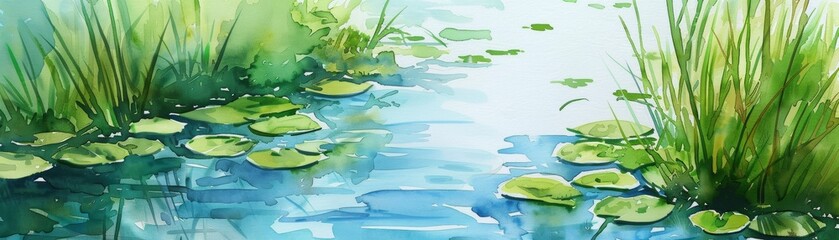 Serene river with lily pads and reeds, peaceful and natural setting, watercolor relaxation