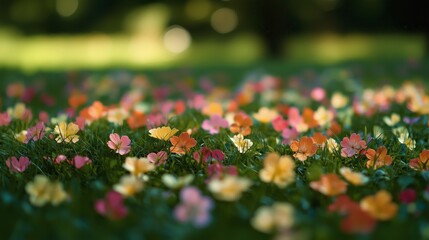 Colorful Blooming Flowers in Lush Green Grass Under Soft Sunlight