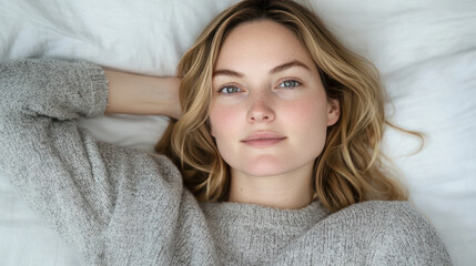 Caucasian woman in wool sweater lying on her back on the bed, relaxed