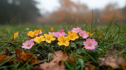 Colorful flowers blooming in foggy grassy field during autumn season