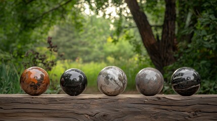 Five Distinctive Decorative Spheres on Wooden Log in Nature Setting