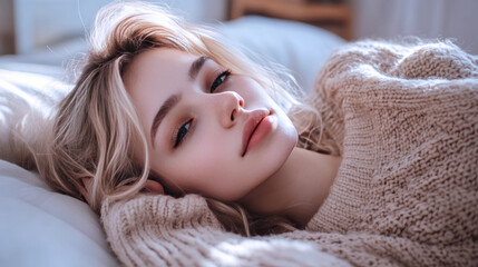 Obraz premium Caucasian woman in wool sweater lying on her back on the bed, relaxed