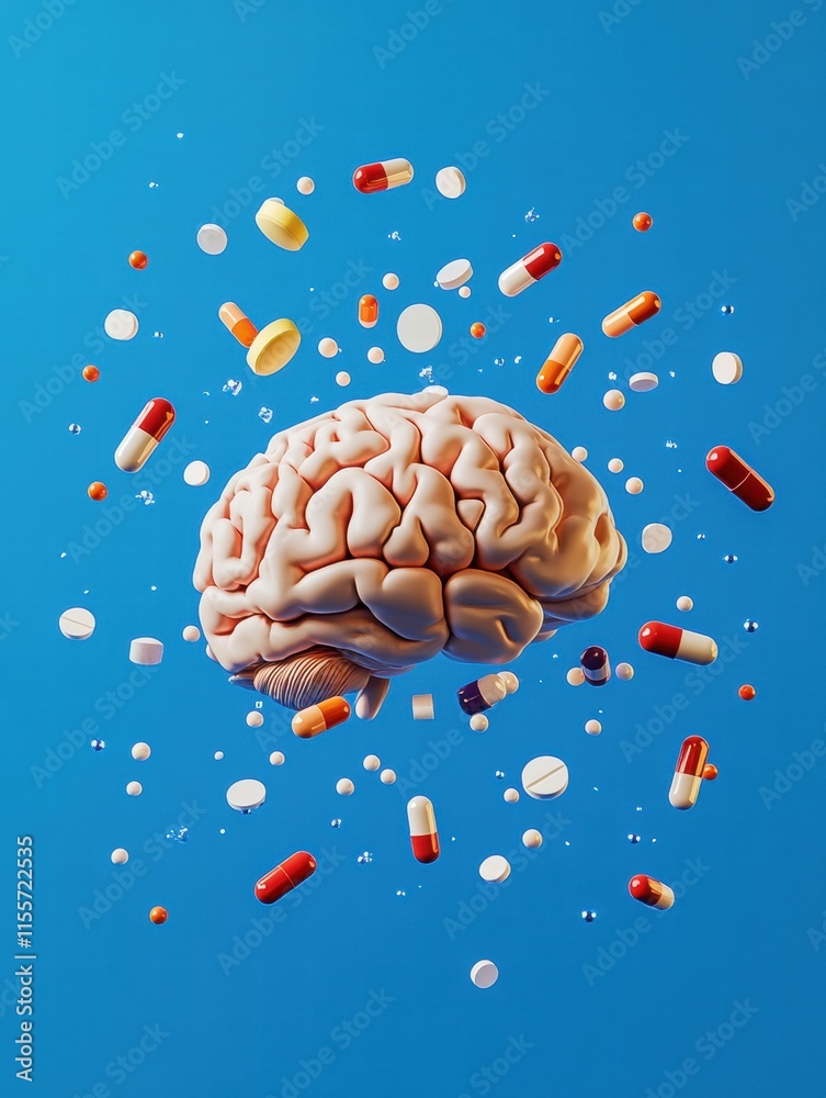 Poster 3d model of human brain surrounded by colorful pills illustrating medication effects. generative ai