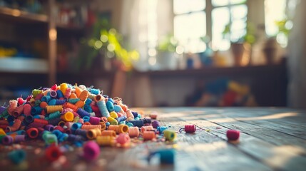 Colorful Craft Supplies Messy Scene with Wooden Background