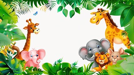 Obraz premium Adorable and Whimsical World of Cute Cartoon Safari Zoo: Unveiling the Enchanting Beauty of Watercolor Style with Animal Frame Border. Explore Keywords like Charming, Playful, Jungle Creatures, Exotic