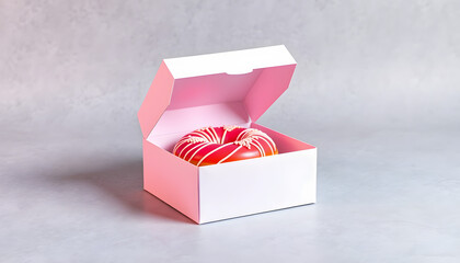 white carton box tasty pastry donut box for mockup design Brand on grey Background, Colored gel lighting. isolated with white shades