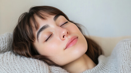 French woman in wool sweater lying on her back on the bed, relaxed