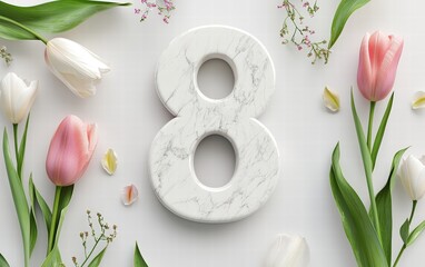 A bold 3D number 8 with a smooth marble texture, surrounded by blooming tulips and soft greenery, placed on a clean white background