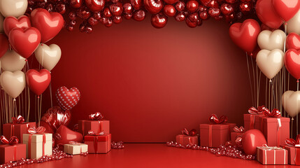 A Christmas red gift box scene featuring beautifully wrapped red and green presents adorned with elegant ribbons. The gifts are surrounded by sparkling Christmas ornaments and tree	