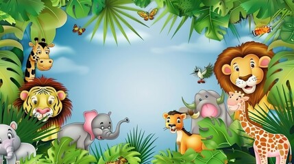 Naklejka premium Adorable and Whimsical World of Cute Cartoon Safari Zoo: Unveiling the Enchanting Beauty of Watercolor Style with Animal Frame Border. Explore Keywords like Charming, Playful, Jungle Creatures, Exotic