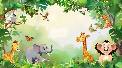 Naklejka premium Adorable and Whimsical World of Cute Cartoon Safari Zoo: Unveiling the Enchanting Beauty of Watercolor Style with Animal Frame Border. Explore Keywords like Charming, Playful, Jungle Creatures, Exotic