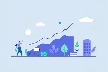 Obraz premium Business Growth and Success: A stylized illustration depicts a woman walking alongside an upward trending graph, symbolizing growth, progress, and achievement in business.