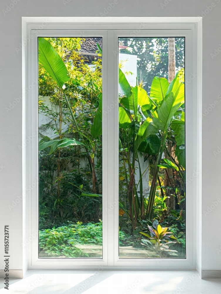 Poster bright garden visible through modern window showcasing lush greenery and serene ambiance during dayl