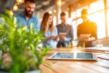 Property loan and financial planning concept.A bright workspace featuring a tablet with graphs, surrounded by people engaged in discussion, emphasizing collaboration and technology in a modern office.