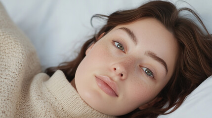 German woman in wool sweater lying on her back on the bed, relaxed