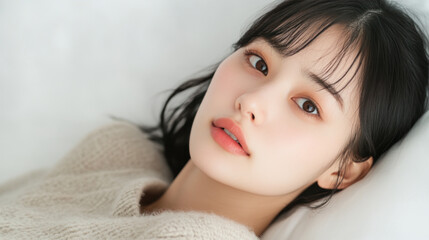 Fototapeta premium Chinese woman in wool sweater lying on her back on the bed, relaxed