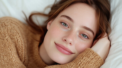 German woman in wool sweater lying on her back on the bed, relaxed