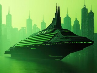Naklejka premium A futuristic digital rendering of a green ship equipped with solar sails, symbolizing sustainability in maritime design