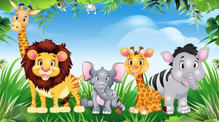 Fototapeta premium Adorable and Whimsical World of Cute Cartoon Safari Zoo: Unveiling the Enchanting Beauty of Watercolor Style with Animal Frame Border. Explore Keywords like Charming, Playful, Jungle Creatures, Exotic