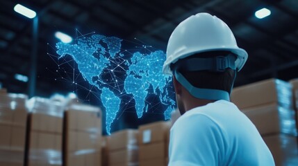 Worker in Warehouse with Digital Logistics Overlay