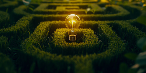 A light bulb glows at the center of an intricate maze made from grass, symbolizing innovation and forward thinking for advertising photography.