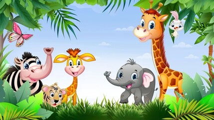 Fototapeta premium Adorable and Whimsical World of Cute Cartoon Safari Zoo: Unveiling the Enchanting Beauty of Watercolor Style with Animal Frame Border. Explore Keywords like Charming, Playful, Jungle Creatures, Exotic