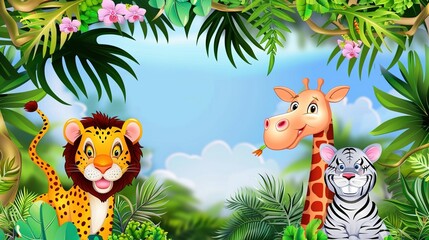Fototapeta premium Adorable and Whimsical World of Cute Cartoon Safari Zoo: Unveiling the Enchanting Beauty of Watercolor Style with Animal Frame Border. Explore Keywords like Charming, Playful, Jungle Creatures, Exotic