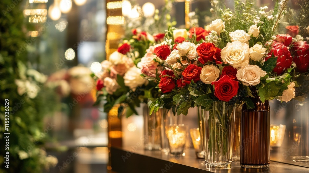 Poster stylish storefront display featuring elegant flower arrangements in glass vases and ambient lighting