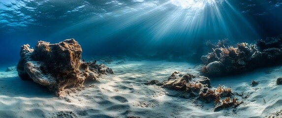 Obraz premium Stunning Underwater Seascape with Sunlight Rays and Sandy Seafloor in Tranquil Blue Ocean