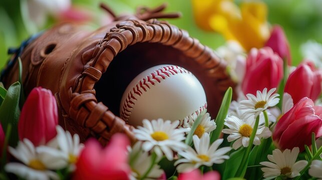 Easter baseball fusion with decorated egg in glove amid spring blooms for seasonal greetings.