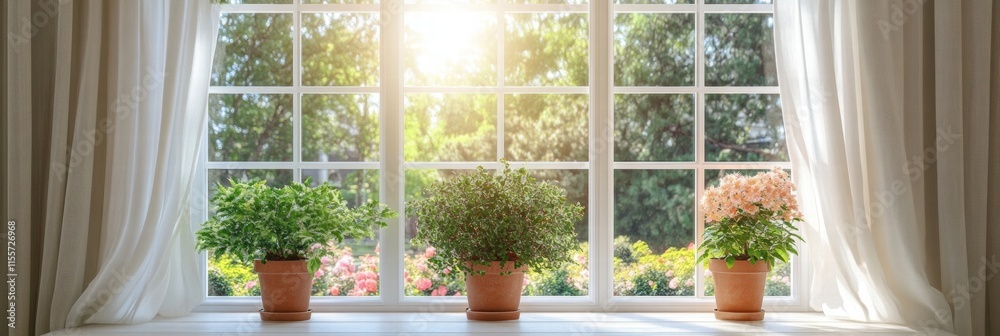 Poster Bright garden visible through a serene window adorned with lush potted plants and gentle sunlight filtering in. Generative AI