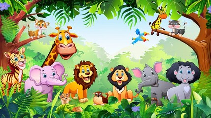 Naklejka premium Adorable and Whimsical World of Cute Cartoon Safari Zoo: Unveiling the Enchanting Beauty of Watercolor Style with Animal Frame Border. Explore Keywords like Charming, Playful, Jungle Creatures, Exotic