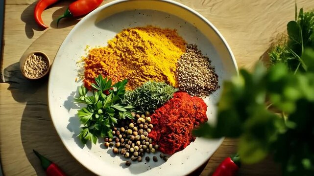 This image features an array of spices on a plate. Bright colors and natural textures create an appealing scene. Ideal for culinary inspiration and food photography. Generative AI