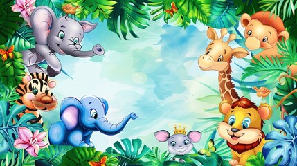 Naklejka premium Adorable and Whimsical World of Cute Cartoon Safari Zoo: Unveiling the Enchanting Beauty of Watercolor Style with Animal Frame Border. Explore Keywords like Charming, Playful, Jungle Creatures, Exotic