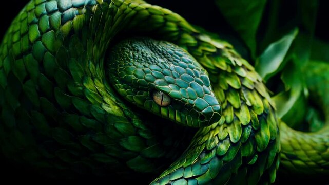 background of green tree snake coils, high detail