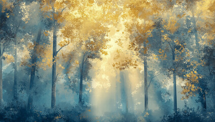 A mystical forest scene where rays of sunlight filter through the trees, creating an ethereal atmosphere.