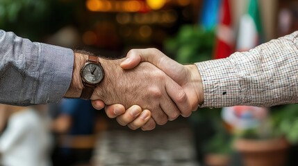 Two people shaking hands, symbolizing agreement, partnership, or friendship in a warm, inviting environment with flags in the background.