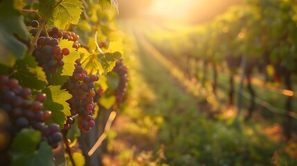 Golden Hour Over Vineyards with Lush Grapes and Green Leaves