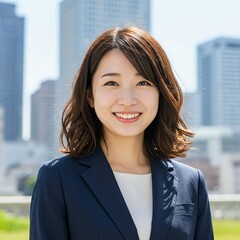 Fototapeta premium Elegant Japanese Businesswoman with Long Brown Hair in Urban Skyline: Confidence and Sophistication