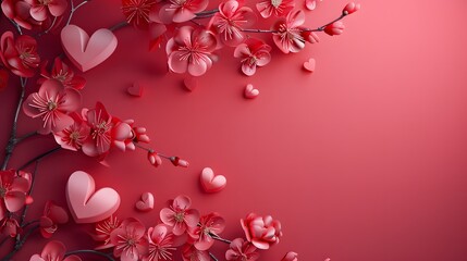 Romantic pink flowers and hearts on a soft background