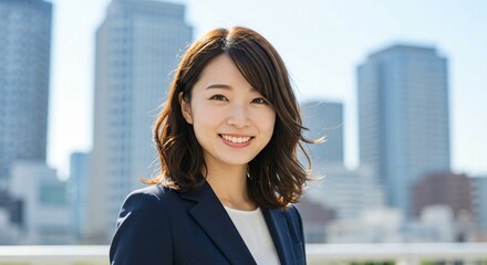 Fototapeta premium Elegant Japanese Businesswoman with Long Brown Hair in Urban Skyline: Confidence and Sophistication