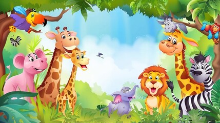 Naklejka premium Adorable and Whimsical World of Cute Cartoon Safari Zoo: Unveiling the Enchanting Beauty of Watercolor Style with Animal Frame Border. Explore Keywords like Charming, Playful, Jungle Creatures, Exotic