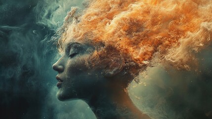 Fototapeta premium Surreal Woman in Fire and Smoke: A Dreamlike Portrait