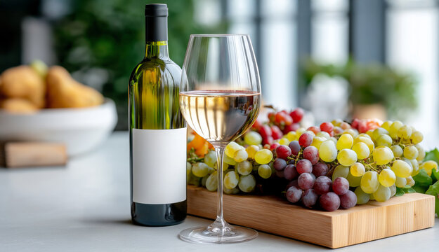 White wine with green and red grapes on wooden crate