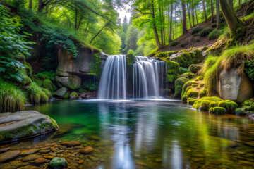 Obraz premium Serene Forest Waterfall Cascading into a Peaceful Pool